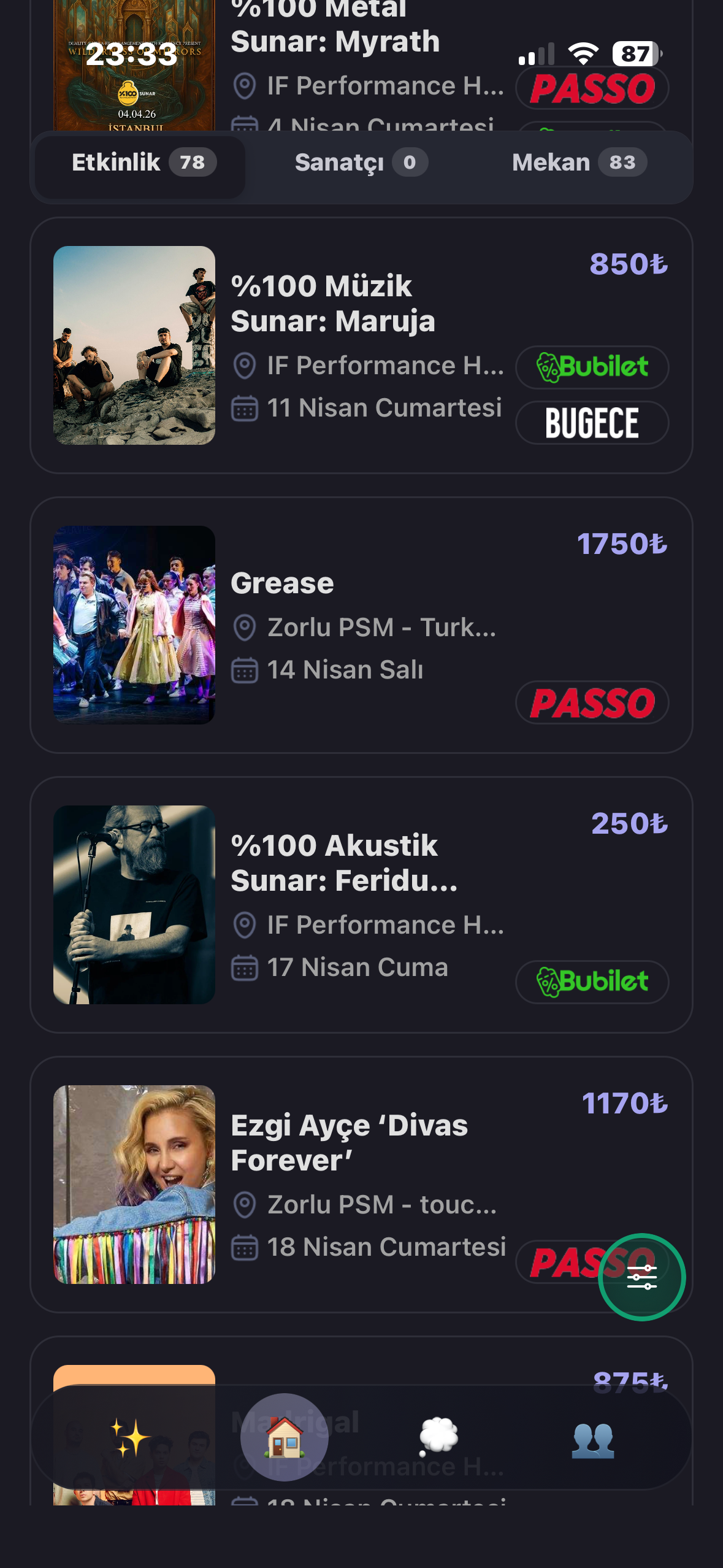 Tüm şenliklerin filtrelendiği ve listelendiği ekran