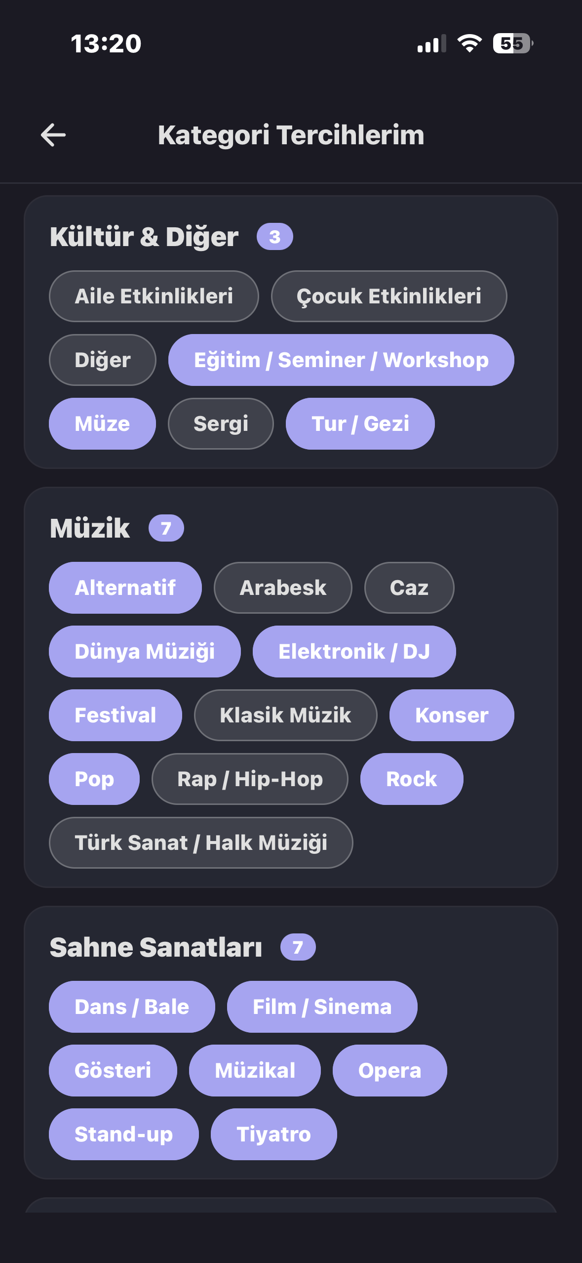 Kategori tercihleri - ilgi alanı seçimi ekranı